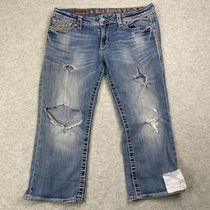 Rock Revival Jeans Womens 34 (35x22) Blue Bella Capri Distressed Embroidered